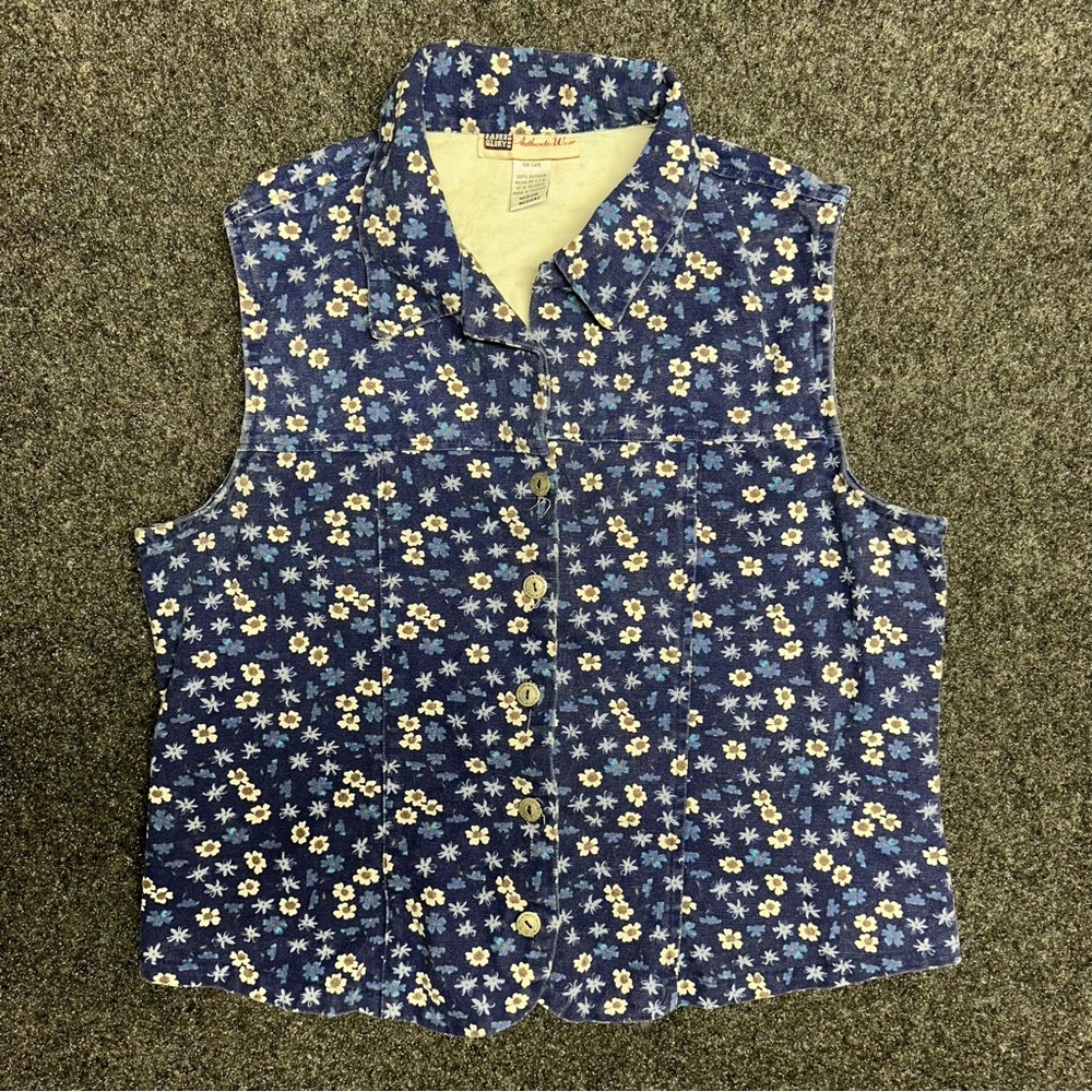 Vintage Faded Glory Denim Vest M Blue Floral Western Cottagecore Button Up